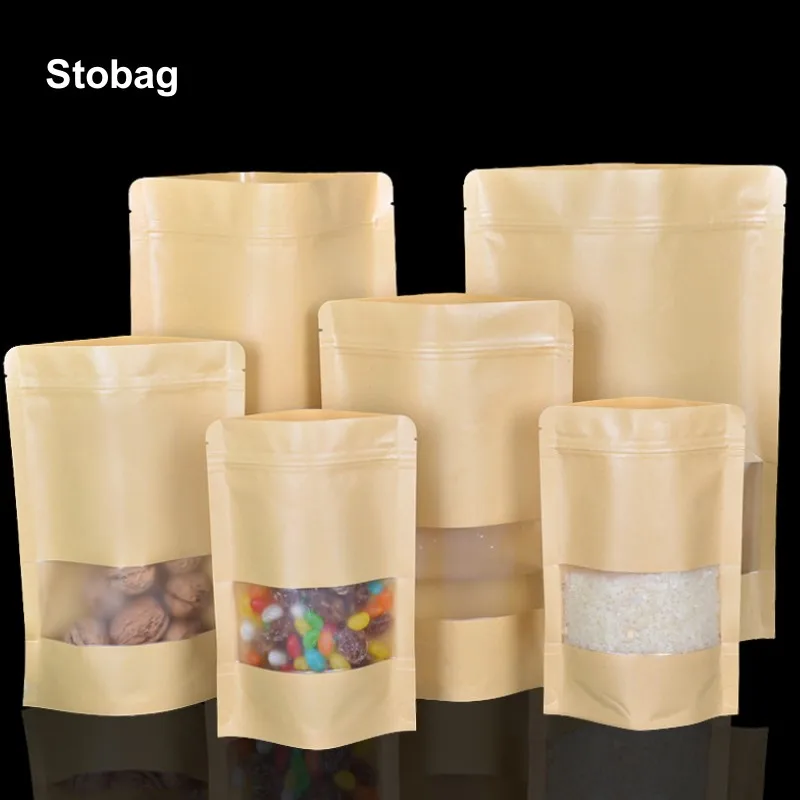 StoBag Kraft Paper Food Packaging Ziplock Bag with Window for Candy