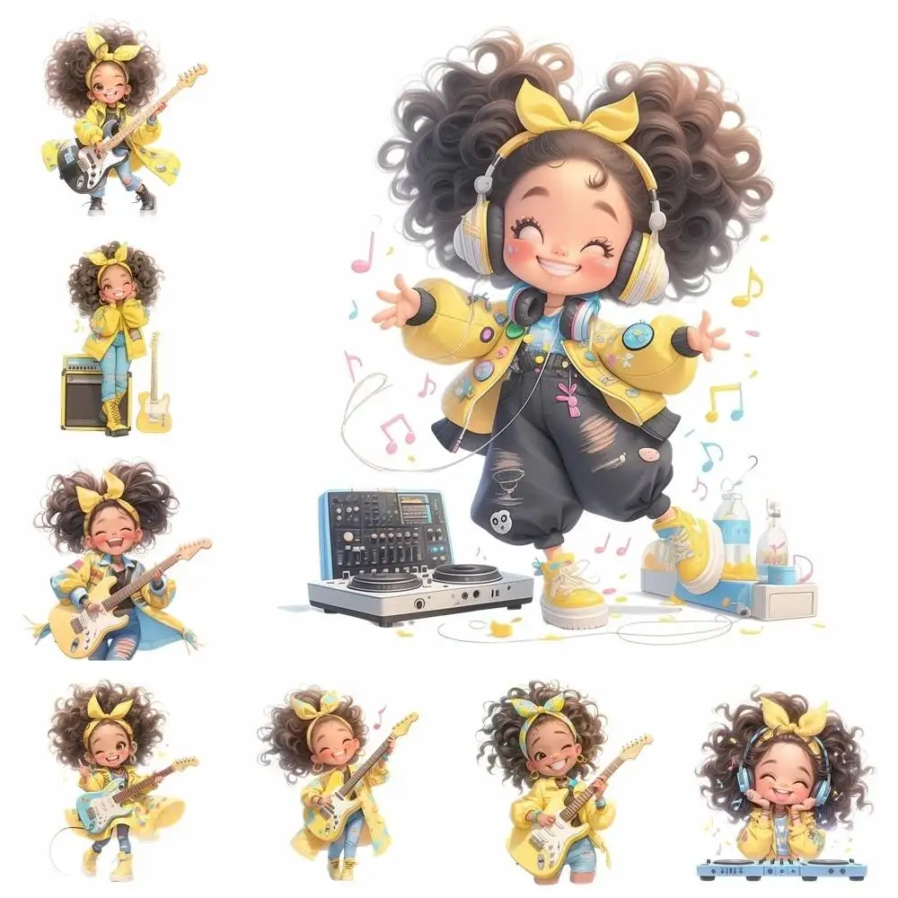 Yellow Guitar Music Girl Heat Transfer Patch - Washable Iron-On Sticker for DIY Clothing & T-Shirts