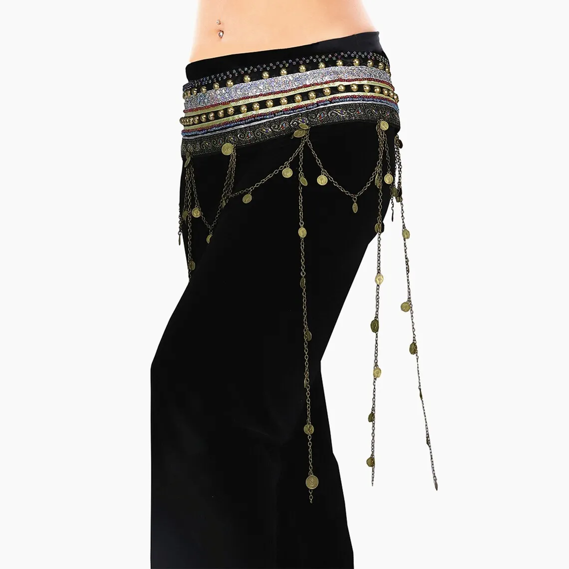 

Restore Tribal Belly Dance Waist Hip Scarf Adjustable Fit Antique Bronze Beads Gold Coins Chain Belt with Magic Sticker