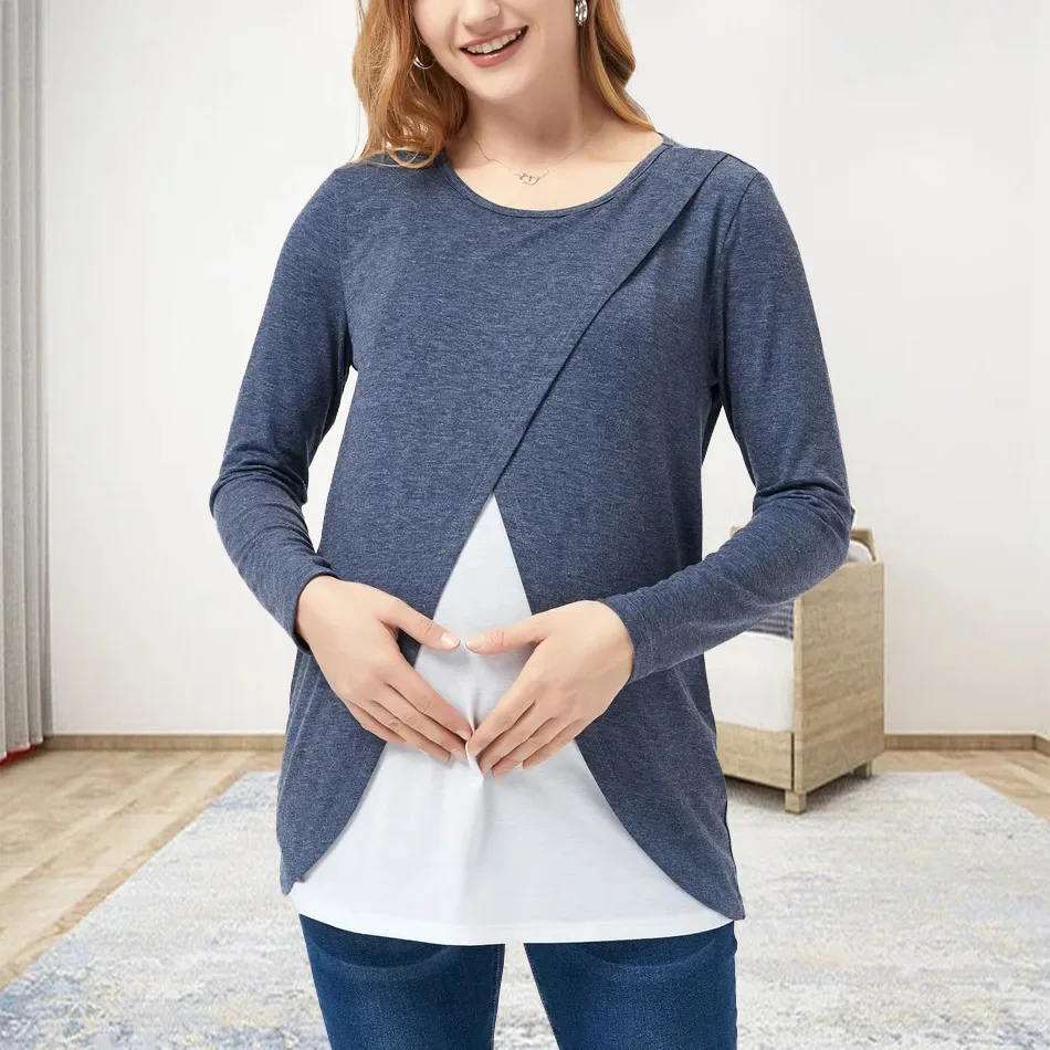 Spring Autumn Maternity Long Sleeve Nursing Tee Shirt Women Breastfeeding O-Neck Tops Blouse Pregnant Clothes Pregnancy Clothing