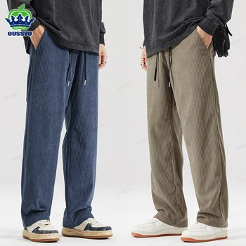 OUSSYU Brand autunno inverno pantaloni di velluto a coste a righe da uomo elastico in vita con coulisse dritto spesso all'aperto pantaloni Casual larghi 1