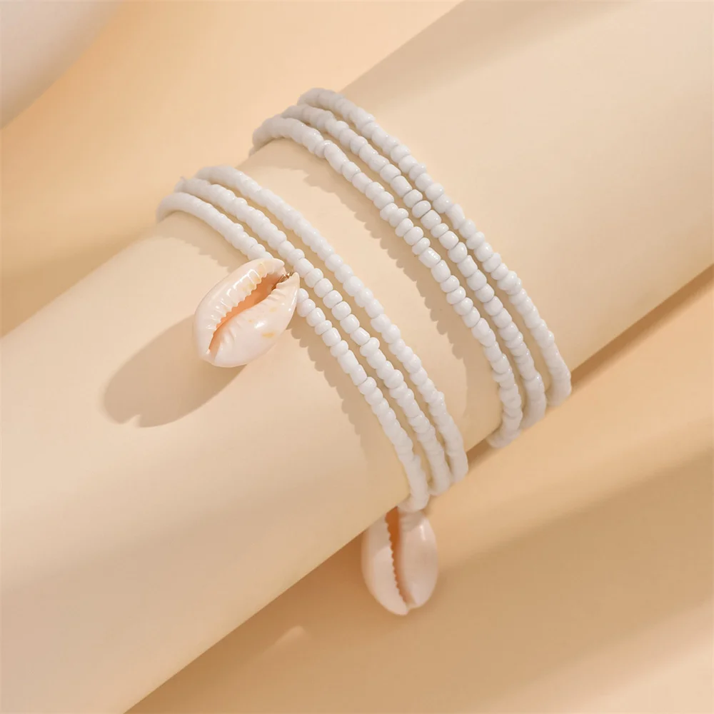 White Rice Beads Conch Pendant Anklets For Women 2pcs/Set Versatile Foot Chains Ankle Bracelet Beach Jewelry Summer Accessories