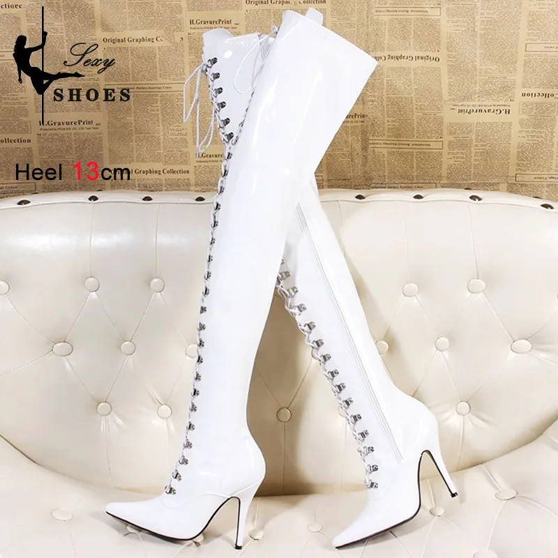 Pointed Toe Boots Women Winter Plush Warm Shoes Black Zipper Lace Up Sexy Model High Heels 2023 New Night Club Lady Thigh Boots