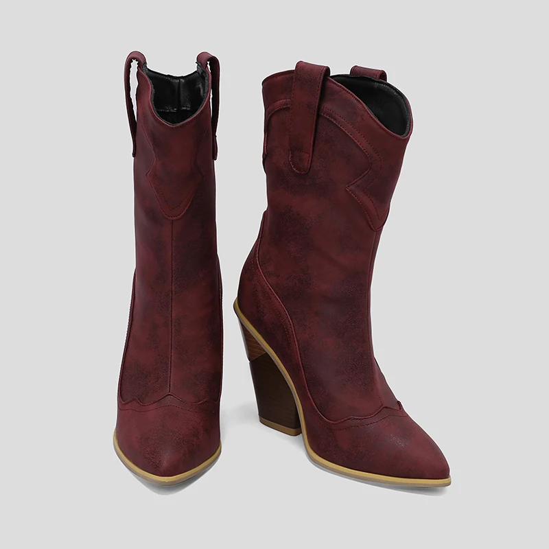 Kcenid Plus Size 48 New Ladies Pointed Toe Cowboy Boots Fashion Denim Chunky High Heels women's Boots Party Sexy Woman Shoes