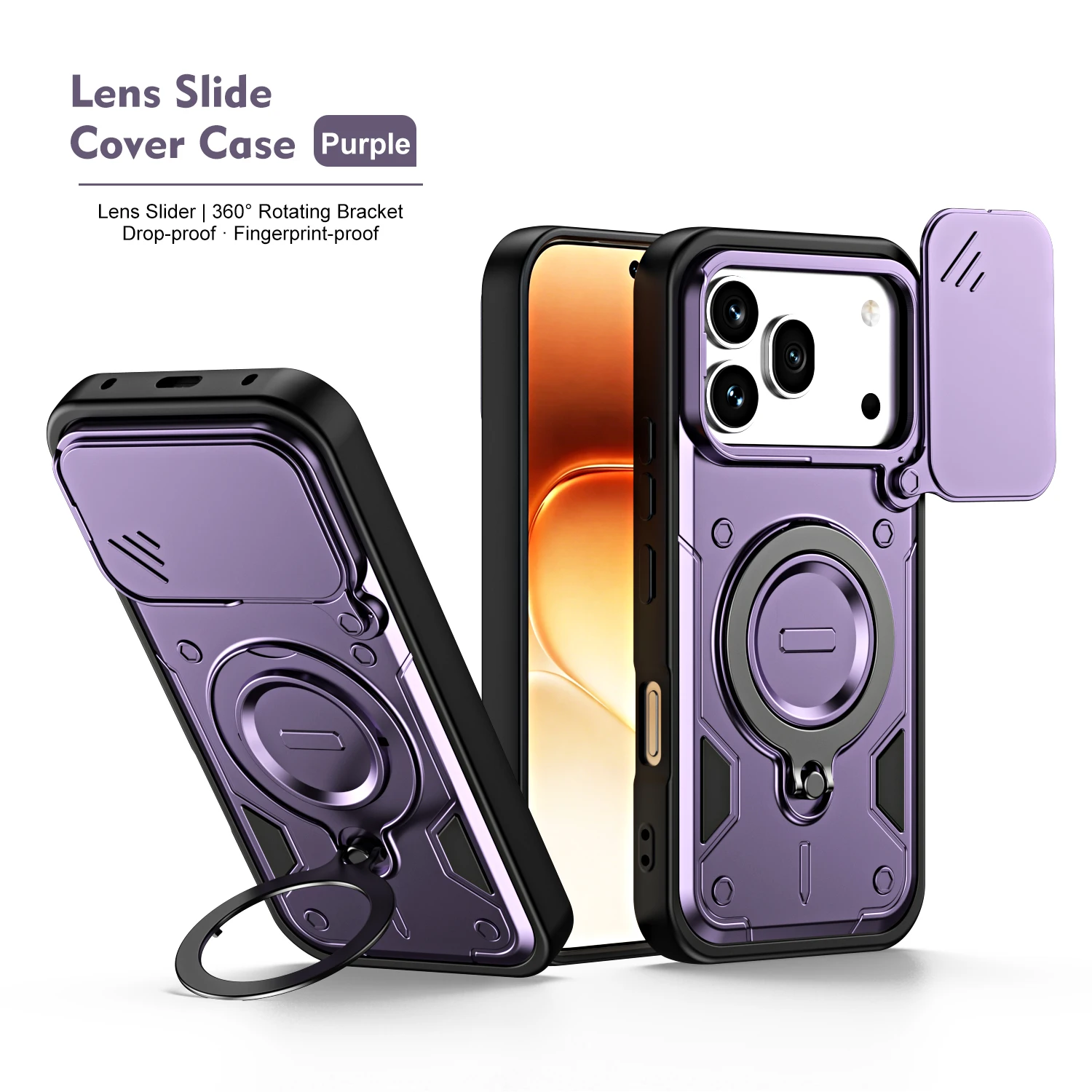 Dual-Function Dropproof Protective Case with Sliding Lens Cover and Metal Ring Bracket