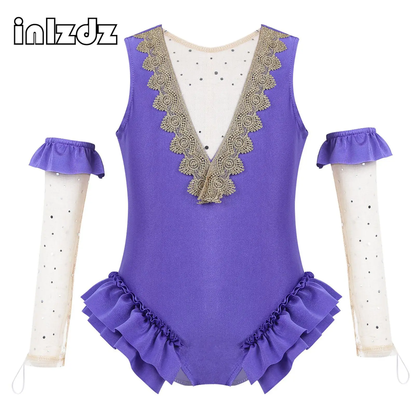 

Kids Girls Leotard Dance Costume Ballet Gymnastics Outfit Showman Role Play Fancy Dress Up Mesh Splice Bodysuit with Arm Sleeves
