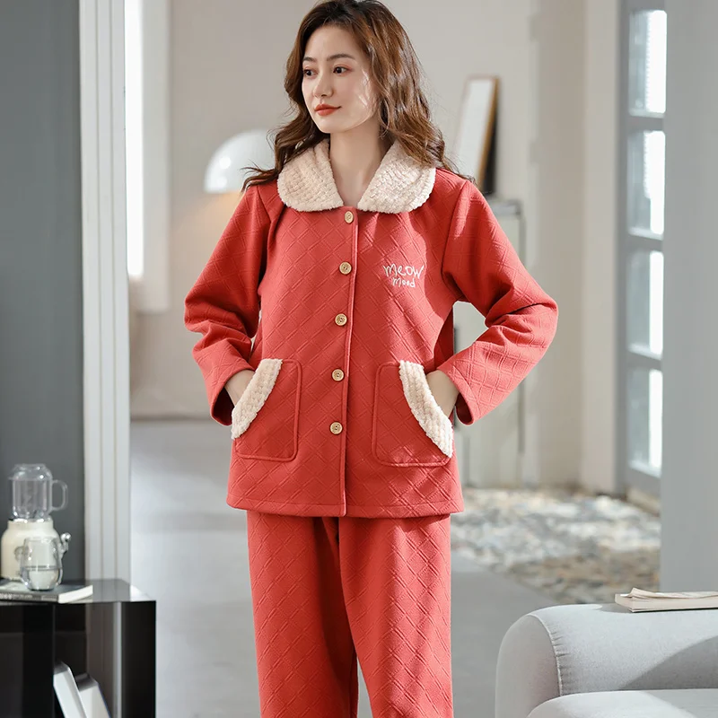 

Women's Pajamas Set Autumn Winter Air Cotton Quilted Women Pyjamas Sets Warm Thick Mezzanine Long Sleeve Pijamas Mujer Sleepwear