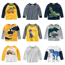 T shirt à manches longues pour garçons, en coton pur, avec dessin animé de dinosaure, vêtements de printemps et d'automne