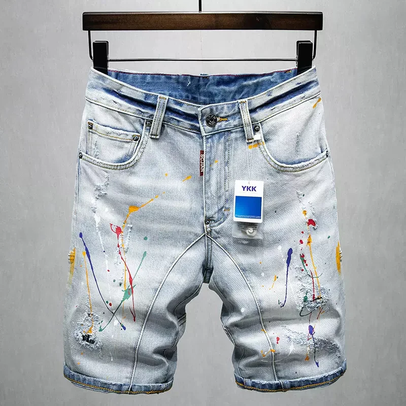Summer Fashion Designer Men Jeans Retro Light Blue Elastic Stretch Ripped Short Jeans Painted Spliced Hip Hop Denim Shorts Men