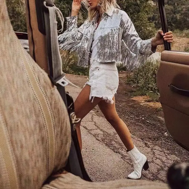 

Women Tassel Sequin Jacket 2023 Summer Autumn Streewear Rock Retro Reflective Jackets Women Outwear Night Club Tops Costume Coat