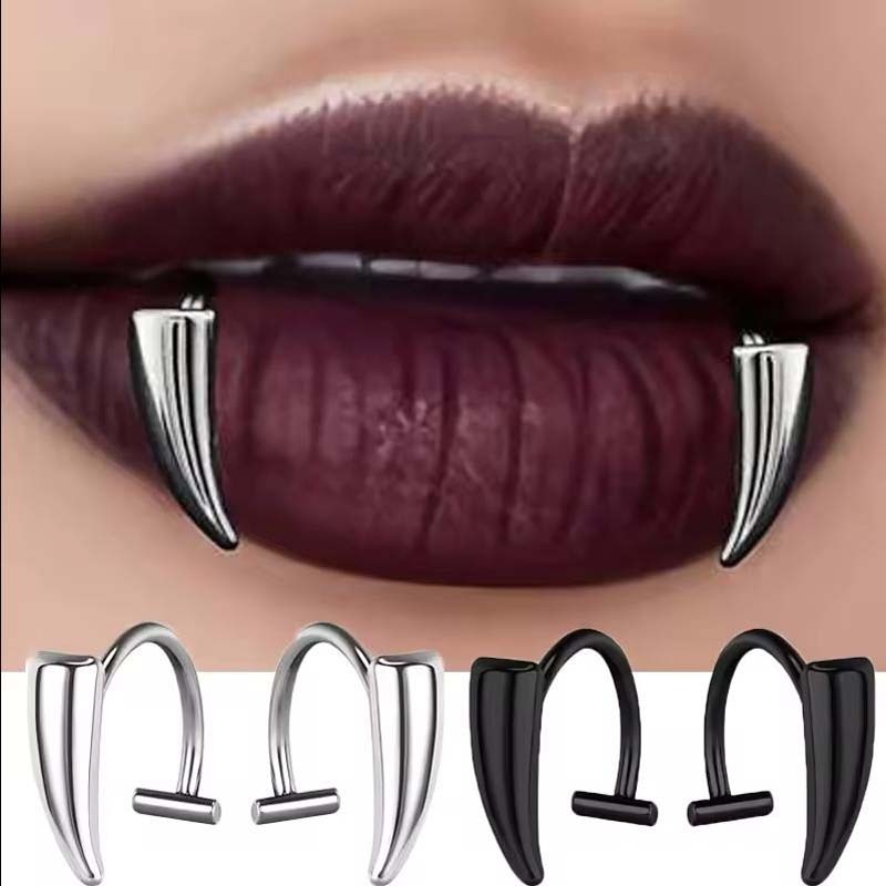Stainless Steel Gothic Sharp Teeth Lip Clip for Women Men Punk Non Piercing Fake Body Piercing Halloween Jewelry Accessories