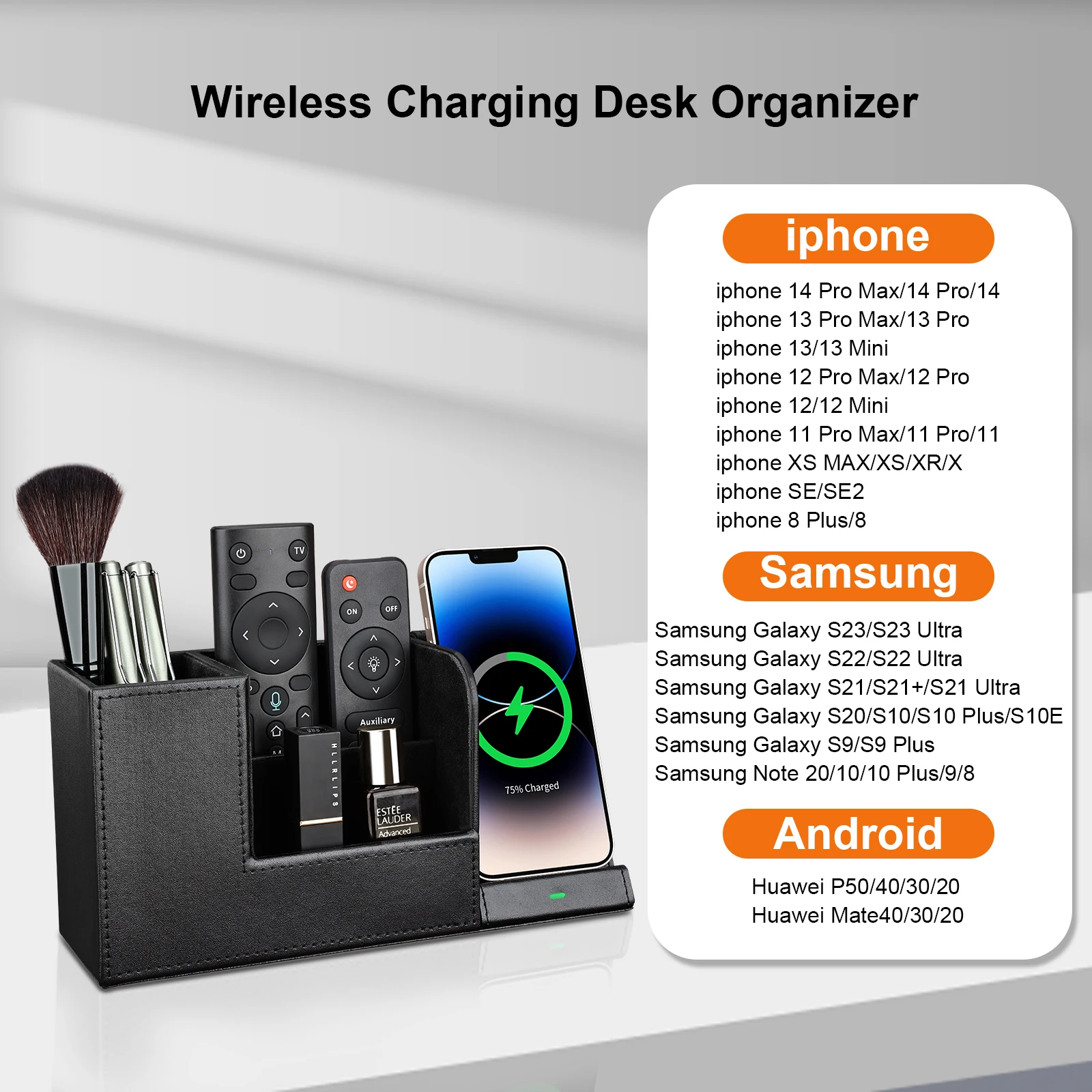 Kingfom Office Desk Storage Organizer Set PU Leather Tissue Box 10W Fast Wireless Charger Business Card Holder Black 3 Pcs/Set