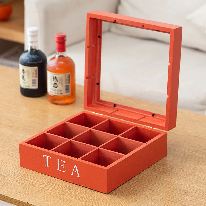 Wood Tea Bag Storage Box With Clear Lid 9 Compartments Square Container Desktop Jewelry Organizer Tea Box Case 3