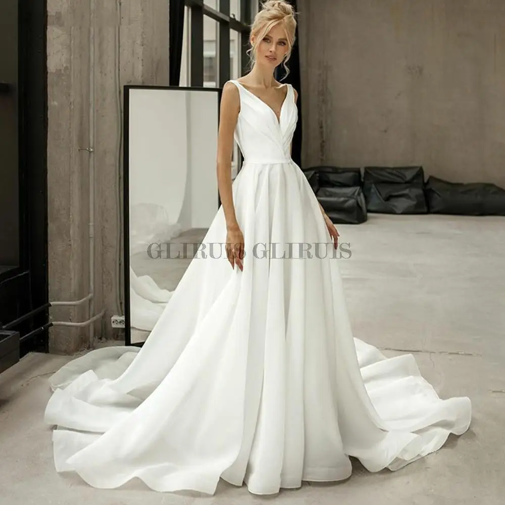 

V Neck Wedding Dress Summer Sleeveless Backless Satin Bridal Gown Robe De Mariée Court Train For Women Pleat A Line