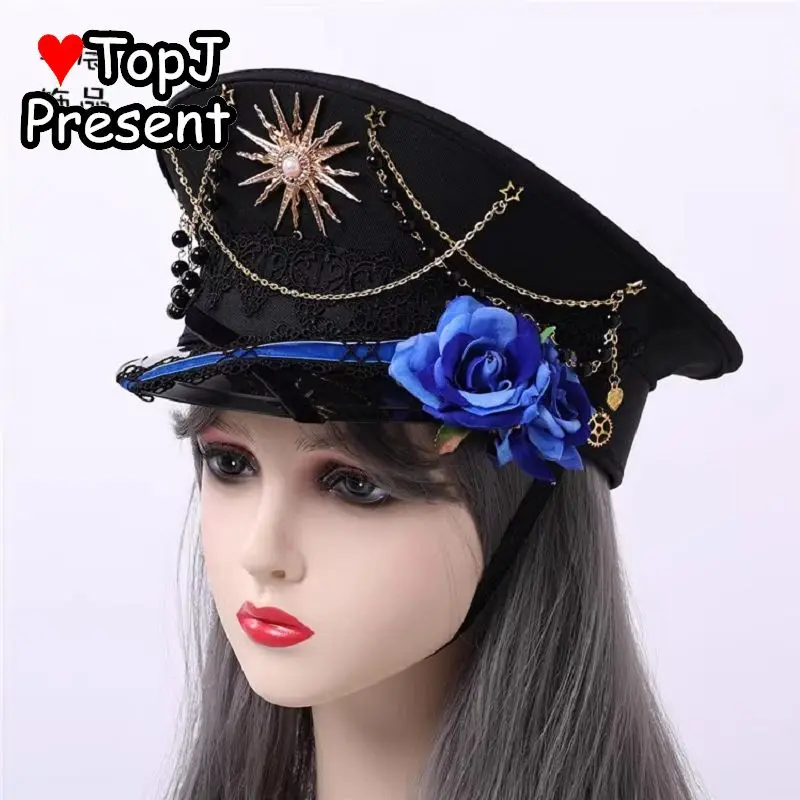 Women Lolita Y2k Steam Punk Gothic Harajuku Subculture Spicy Girl Lace Chain Black Red Blue Rose Halloween Performance Props Hat