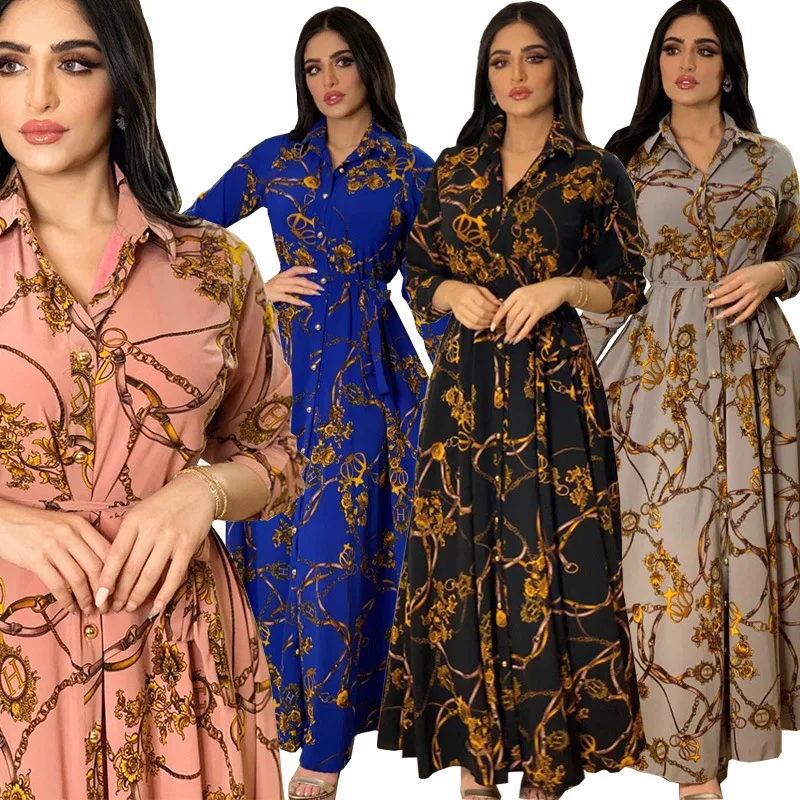 Dubai Tukish Afghanistan Arab Kaftan Long Sleeve Maksi Dress Islamic Costume Flower Print Abaya Muslim Dress