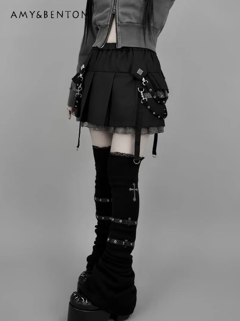 Subculture Gothic Mini Skirt Elastic Waist Lace Edge Metal Buckle