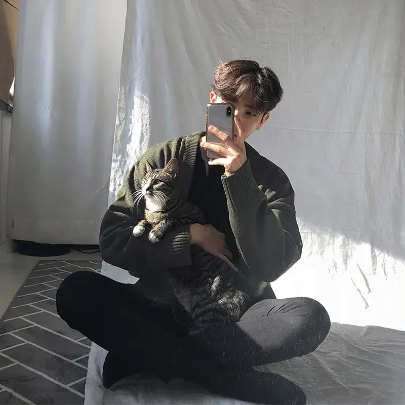 2023New Men's Clothing V-neck Single-breasted Men's Wear Knitted Sweater Loose Solid Color Knitted Cardigan Coat  Autumn Mens