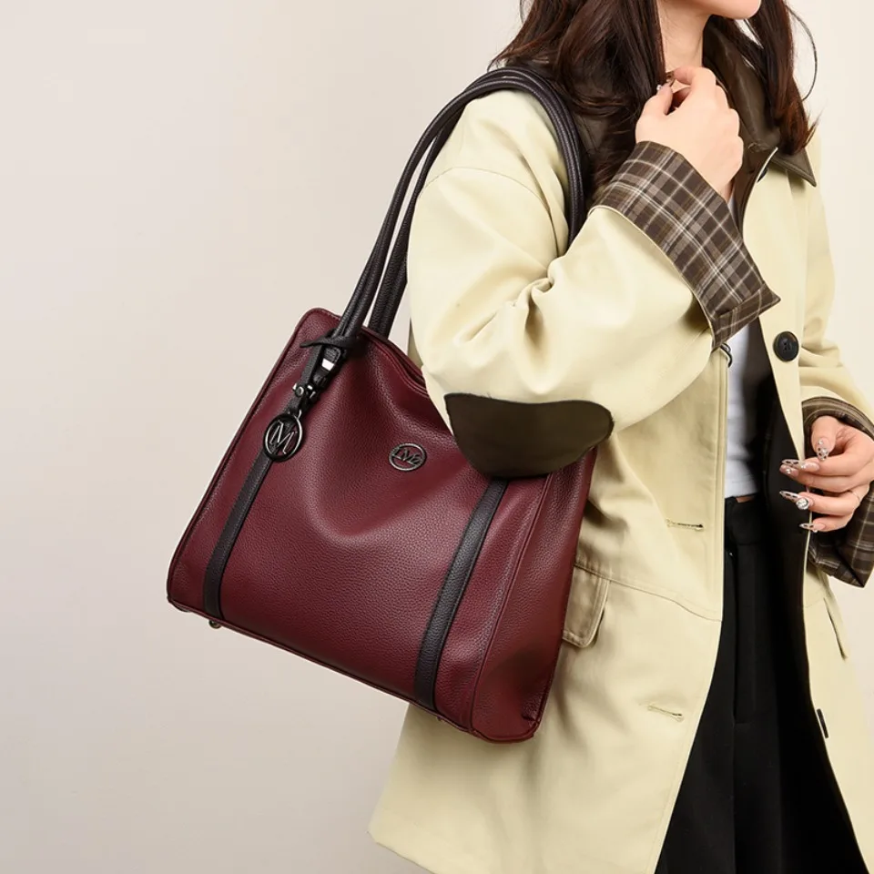 Saashi Women's 2025 Big Soft Leather Simple Large Capacity Single Shoulder Tote.