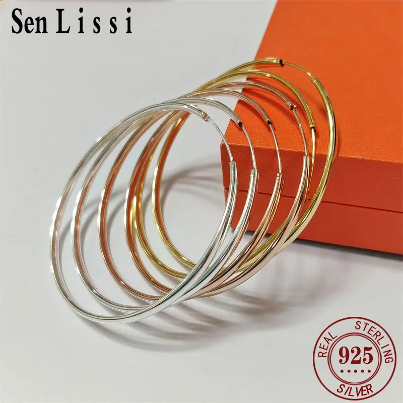 

Senlissi - New Rose 585 Plated 925 Sterling Silver Women's Hoop Earrings 3.0mm Fashion Earring 18K Gold Cерьги Kольца 70 80 90MM
