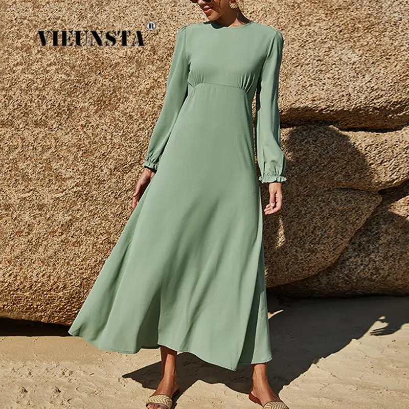

Solid Color Fashion Party Dresses Vestidos Women's O-Neck Long Sleeve Loose Casual Dress Simple Retro High Waist Lady Maxi Dress