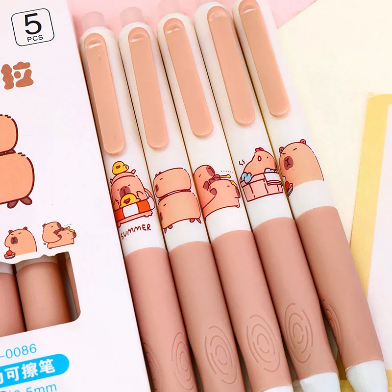 5Pcs 귀여운 카피바라 젤 펜 카와이 펜 세트 빠르게 건조되는 파란색 지울 수 있는 펜 사무실 학교 용품 카와이 미적 문구류