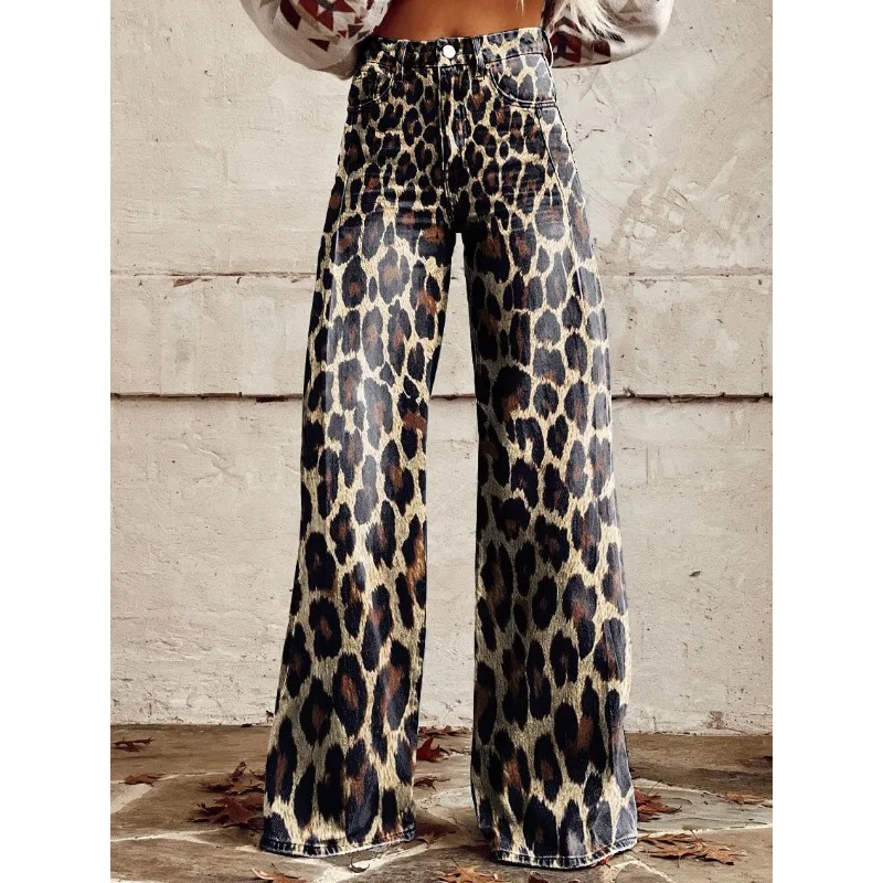 

Women's Vintage Western Cowboy Wild Print Casual Wide Leg Pants Sexy Punk Trousers Vintage Blue Daisy Loose Flare Pants PlusSize