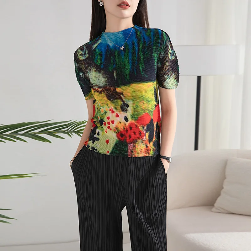 

Miyake Style Printed Half Turtleneck Short-Sleeved Tops Women2023 Summer Fashion Slim Fit Corn Pleated Bottoming t-shirts women