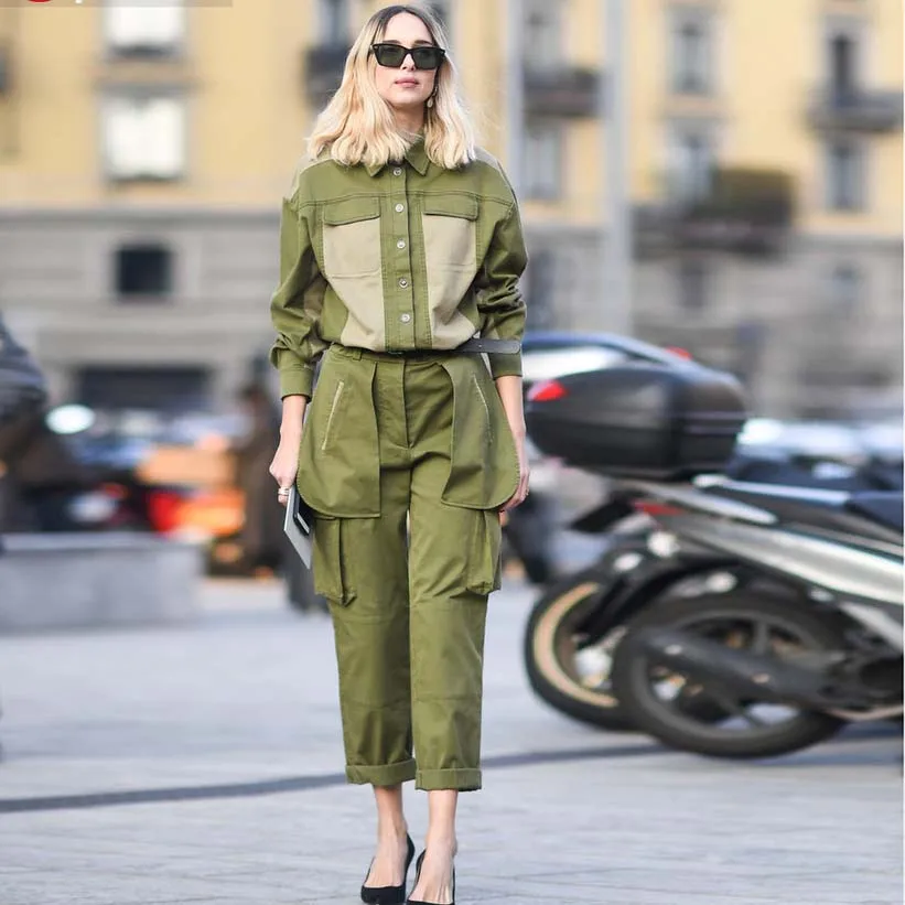 YUTU&MM self made Cotton Jumpsuit Army Green Long Sleeve Trousers Multi Pocket Cargo Pants