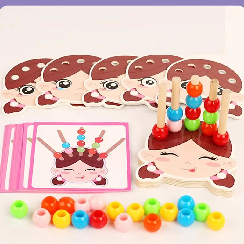 Wood Lacing Bead Toy Color Stacking Game Color Recognition Game For Fine Motor Skills STEM Toys For Boy Girl Ages 3