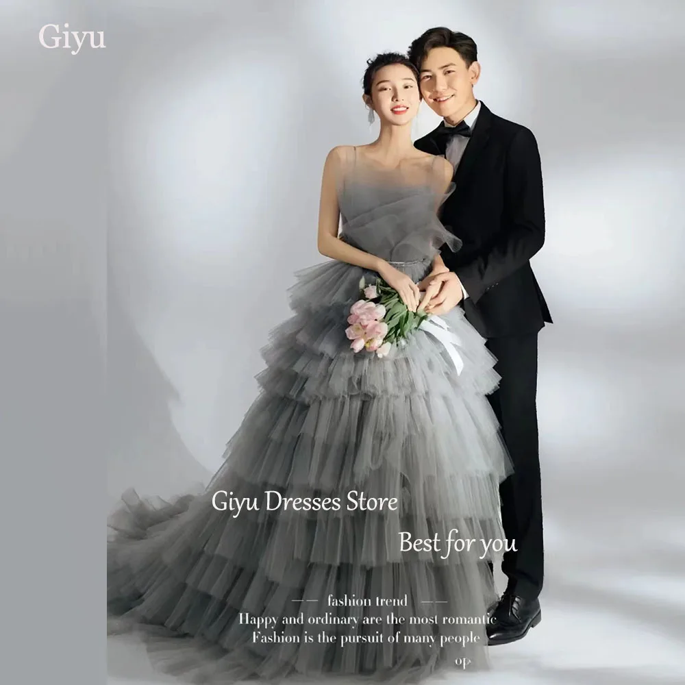 Korea Wedding Dresses Spaghetti Straps Tiered Pleat Tulle Bridal Gown Sweep Train A-line Photo Shoot Dresses