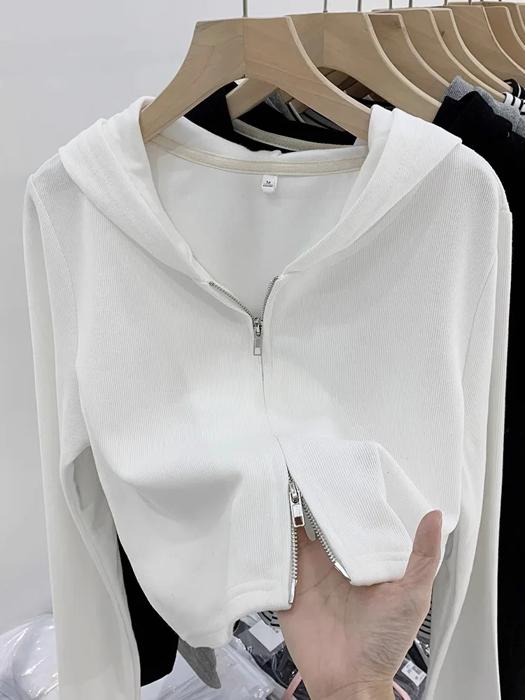 Women's Knitted Hat Jacket Double Zipper Design Short Style Spring Autumn Fashion Elastic Fiber Long Sleeve  Color Top - 2