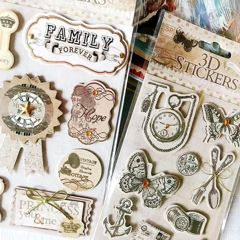 Vintage Label 3D Stickers Scrapbooking Material Flower Butterfly Bird  Pattern DIY Junk Journal Card Tag Making Embellishment