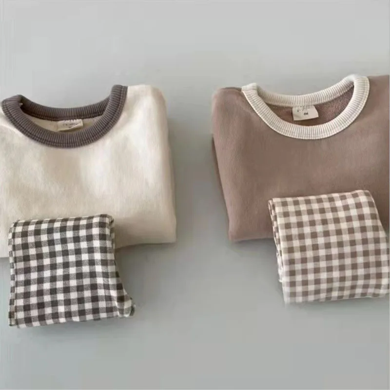 Autumn New Baby Long Sleeve Clothes Set Infant Solid Casual Sweatshirt Set Boys Girls Plaid Pants Outfits Children 2pcs Suit 4
