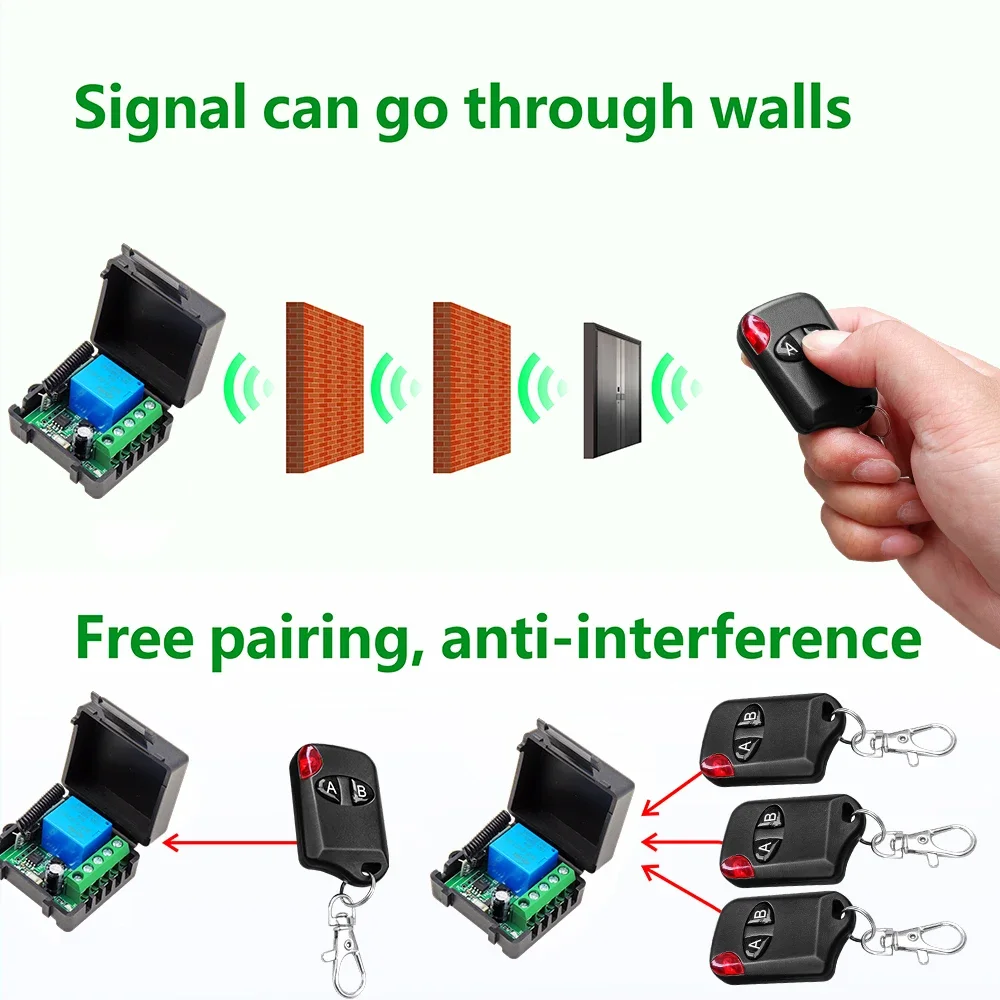 RF Receiver and Wireless Remote Control with A/B button Transmitter 50m 433MHz DC 12V 1CH Relay Module for LED/DIY 3