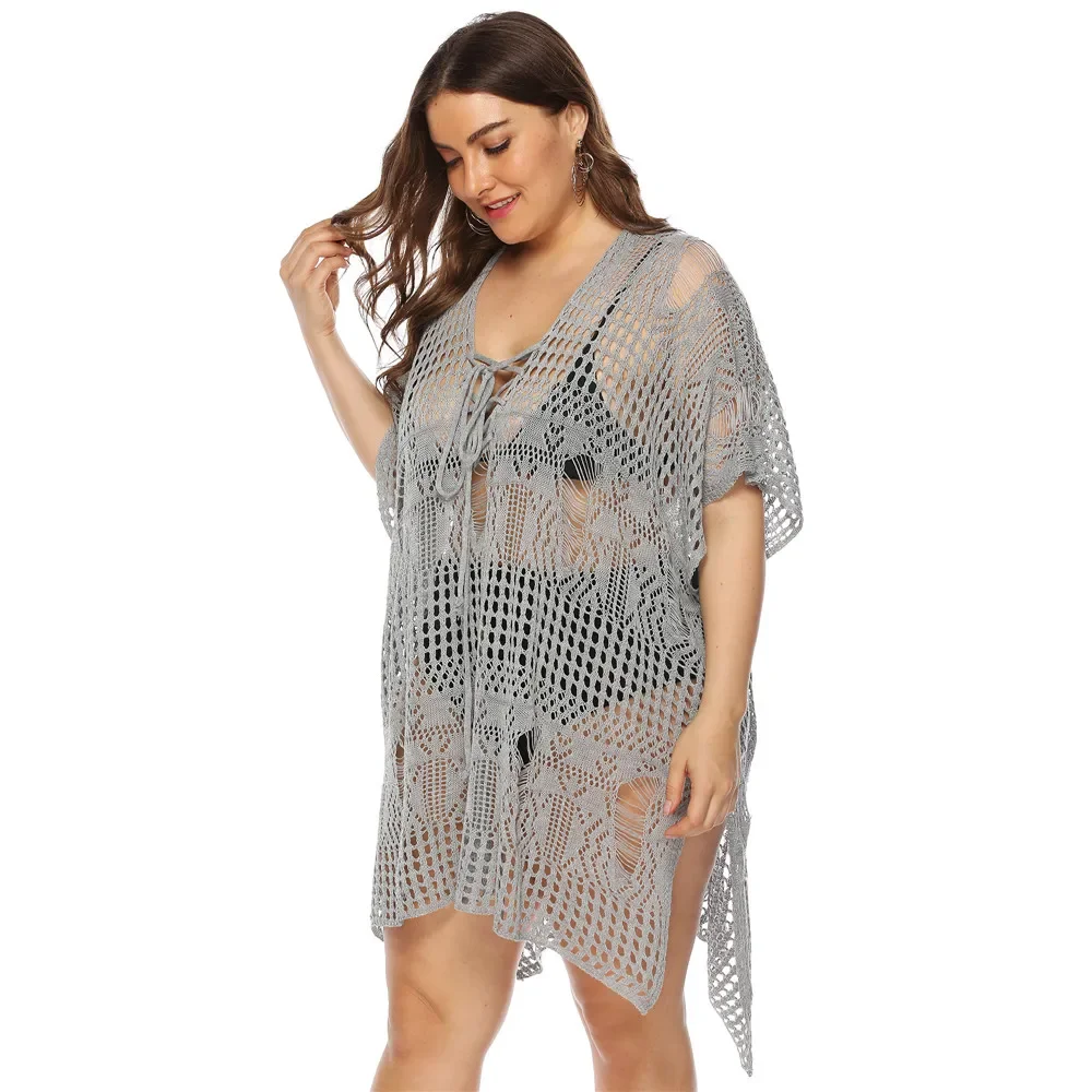 Women's Crochet Cover-Ups Loose Plus Size Beach Dress Women Hollow Out Summer Coverups Bathing Suit Tunic Bikini Blouse 4