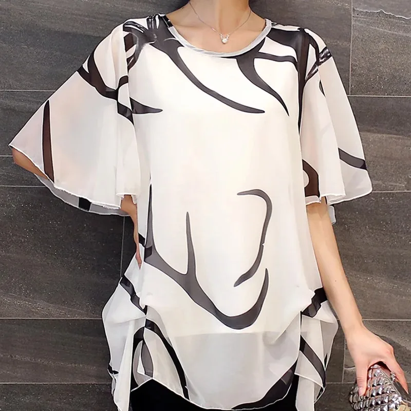 Women's Short Sleeve Loose Chiffon Blouse O-Neck Hollow Shirt Casual Tops Elegant Clothing Fashion Summer New 60A 30