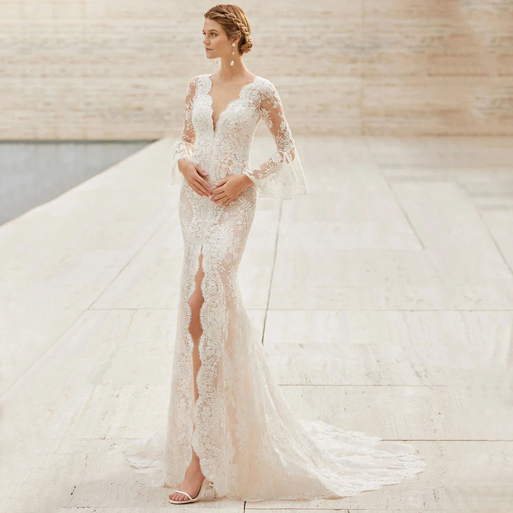 

Elegant Flare Sleeve Mermaid Wedding Dresses Illusion Lace Applique Sexy High Split Bride Gown with Button Vestidos De Mujer