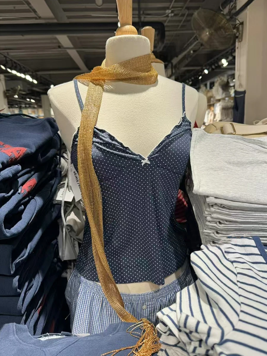596748-d6fc88.jpg Navy Dot Fungus Trim Bow Tank Tops Women Casual Cotton Slim V-neck Sleeveless Camis Girls Cute Sweet Preppy Style Y2K Crop Top - Image 1