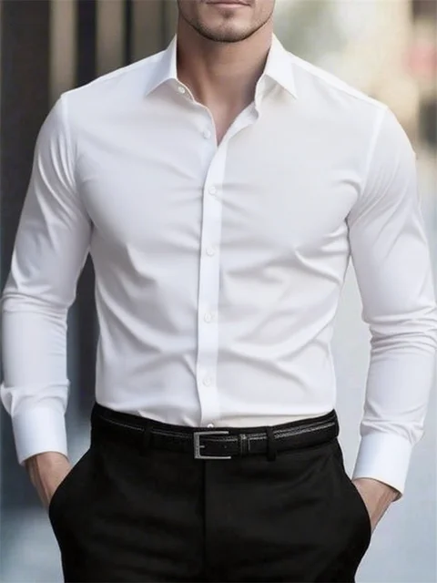 High quality men's solid color long sleeve business shirt, no need to iron, high quality social dress formal casual two use 1