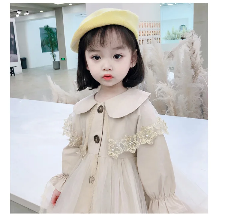 Trench Girls Windbreaker Coat Spring Autumn New Children Clothing Doll Collar Mesh Yarn Baby Middle Length Tops