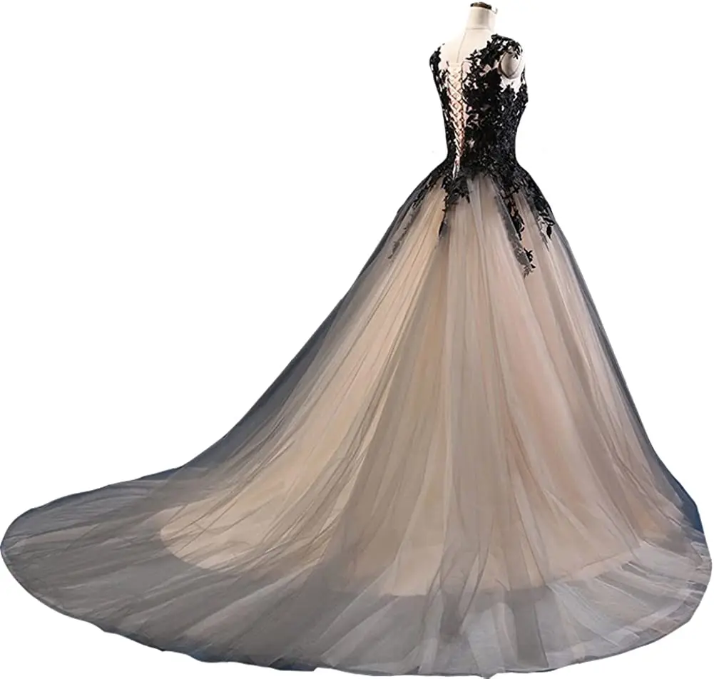 Gothic Black And White Wedding Dress A Line Long Train