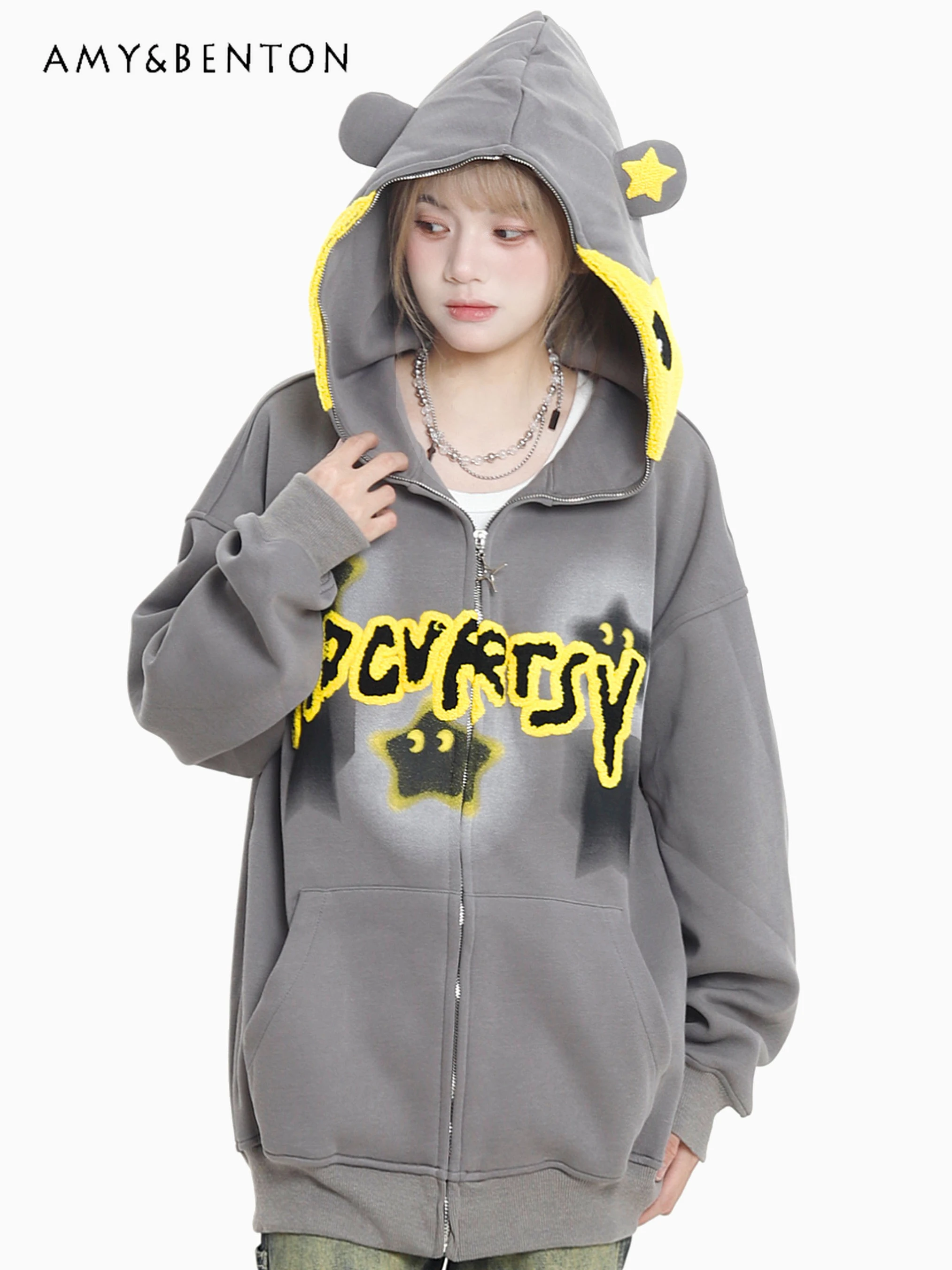 

American Retro Letter Embroidered Cute Bear Ear Hooded Sweatshirts Autumn New Y2K Printed Zipper Hoodies Women Couple Coat