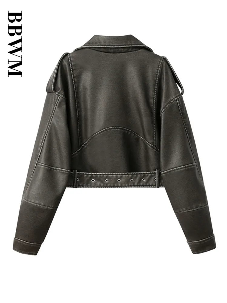 TRAF PU 레트로 지퍼 벨트 오토바이 스트리트 여성 재킷, 짧은 긴팔 슬림핏 여성 상의, 2023 용수철 신상