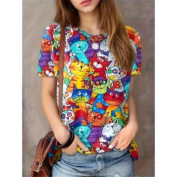 Cartoon Cat Graphic T-Shirt For Women Animal 3D Printed T Shirts Summer Fashion Casual Loose Tees Round Neck Tops Short Sleeves 1