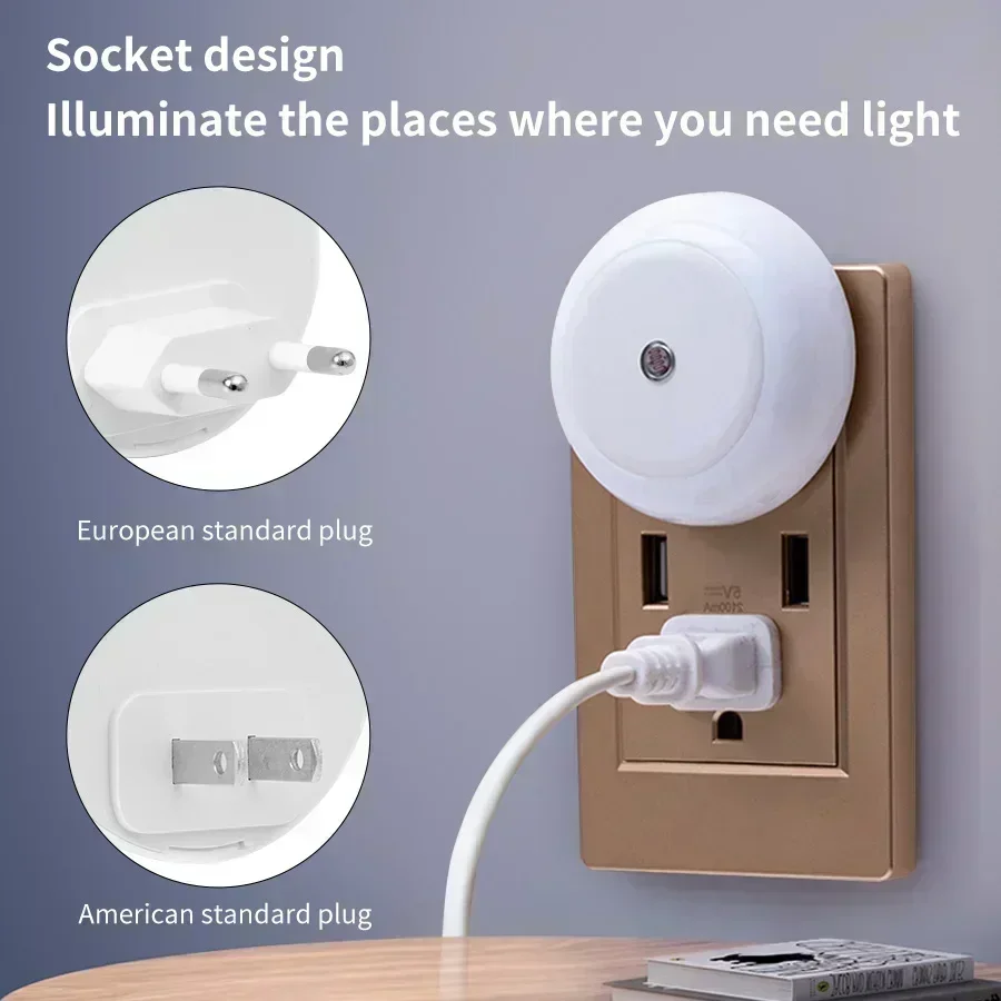 Round LED Night Light with Light Sensor 110-240V US/EU Plug Wall-Mounted Lamp for Bedroom Closet Kitchen Hallway Stairs Washroom