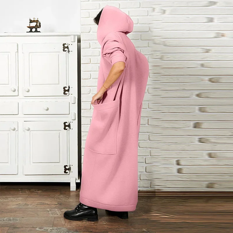 Women's Long Hoodies Big Pockets Straight Fleece Tunics Maxi Long Dress Spring Autumn Casual Sweatshirts Pullover Streetwear