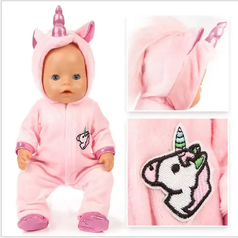 43cm Born New Baby Doll Clothes Pink Kitty Unicorn Pony Pajama Set 18 Inch Doll Clothes Baby Girl Birthday Gift 4