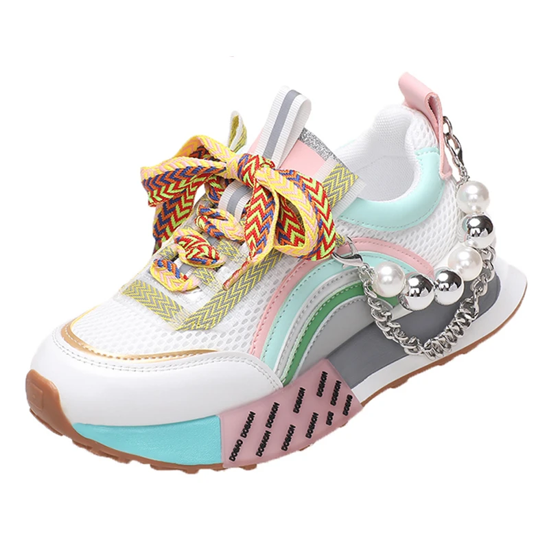 

Кроссовки женские на нескользящей подошве, Вулканизированная подошва, дышащие удобные повседневные, на толстой подошве, с бисером, летняя обувь