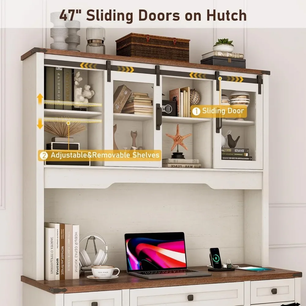 76" Height Farmhouse Desk with Sliding Door Hutch with Charging Station, Drawers and Storage Cabinet Workstation Computer Desk 3